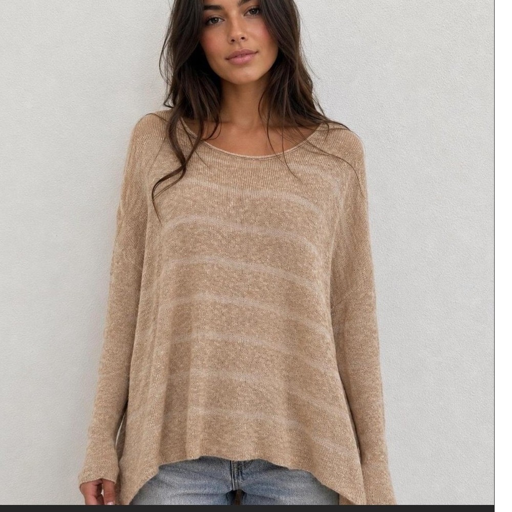 Free People Sunset Park Oversized Striped Tunic Sweater Tan Beige XS Oversized